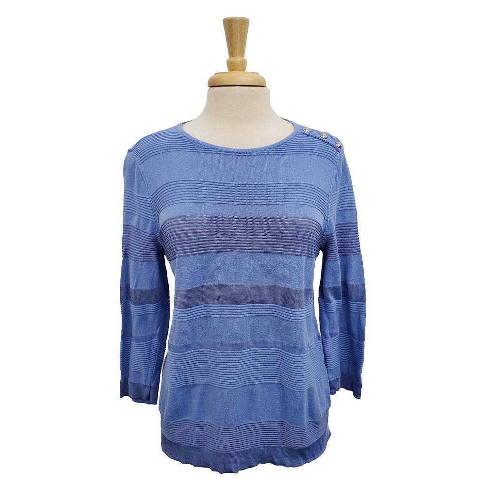 Womens M Blue Striped Knit Sweater Button Shoulder Lightweight‎ Stretch Pullover